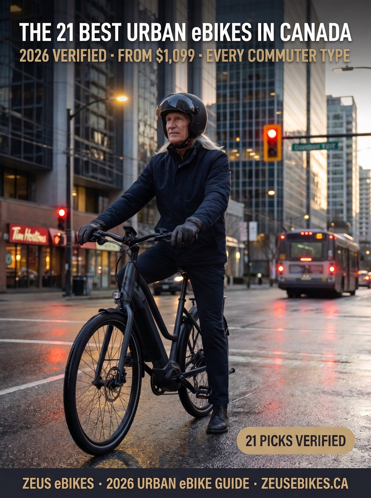 Cover illustration: a commuter riding an e-bike through a Canadian downtown at golden hour, 21 picks from $1,099