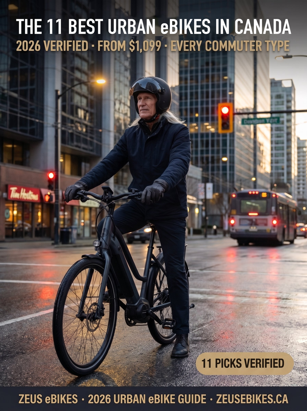 Cover illustration: a commuter on an e-bike at a downtown Canadian intersection at dusk, The 11 Best Urban eBikes in Canada, from $1,099