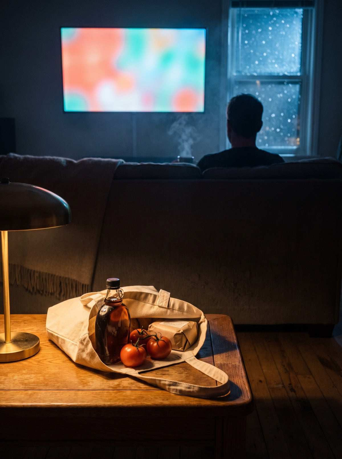 A dark Canadian living room at night, groceries glowing in warm lamplight in the foreground and a lone viewer silhouetted against the cold blur of a television