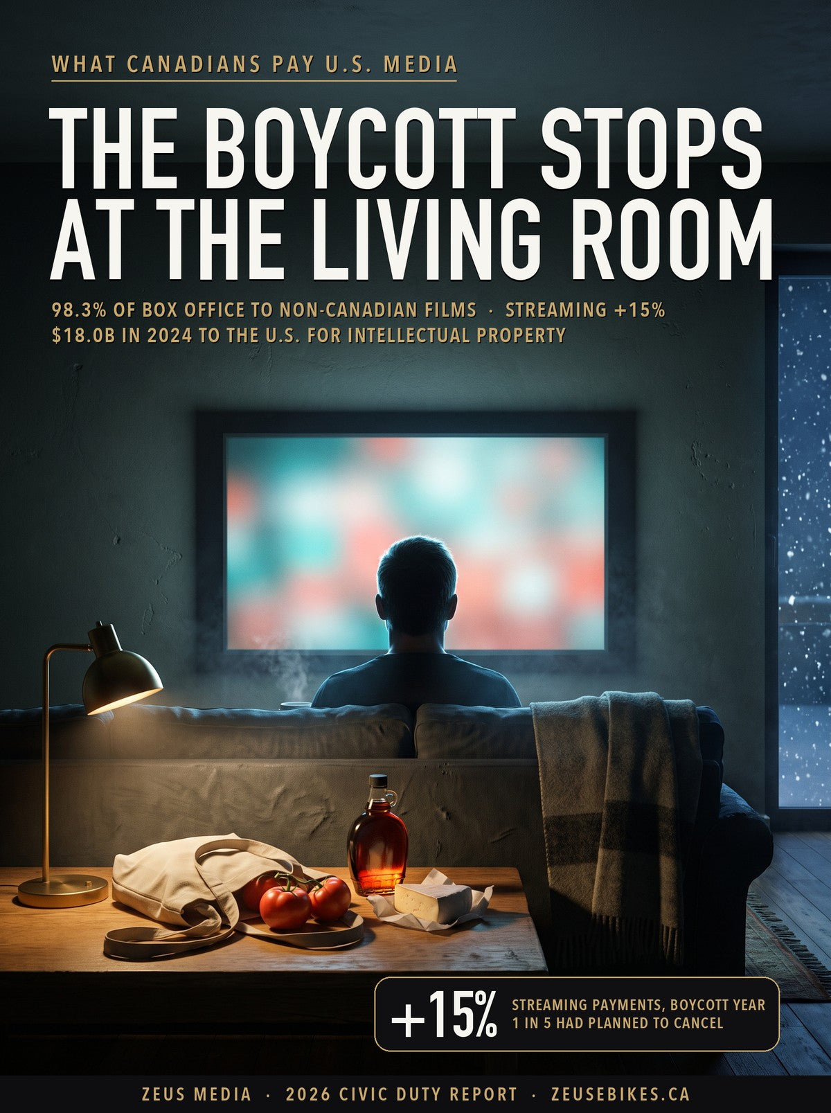 Magazine cover: a lone viewer silhouetted against a glowing television in a dark Canadian living room, Buy-Canadian groceries in warm lamplight on the coffee table; headline reads The Boycott Stops at the Living Room