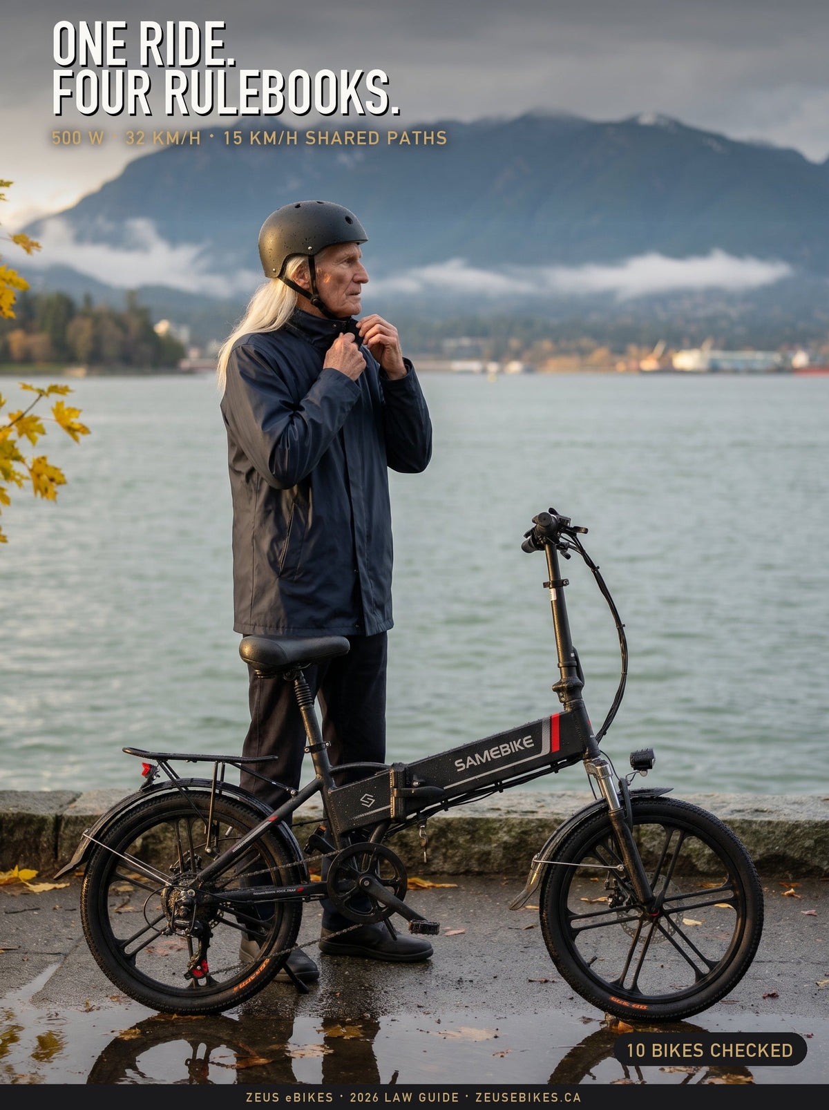 Playcut rendering of a rider in a helmet zipping his rain jacket beside a black Samebike 20LVXD30-II folding e-bike on a wet Vancouver seawall, with the headline One ride. Four rulebooks.