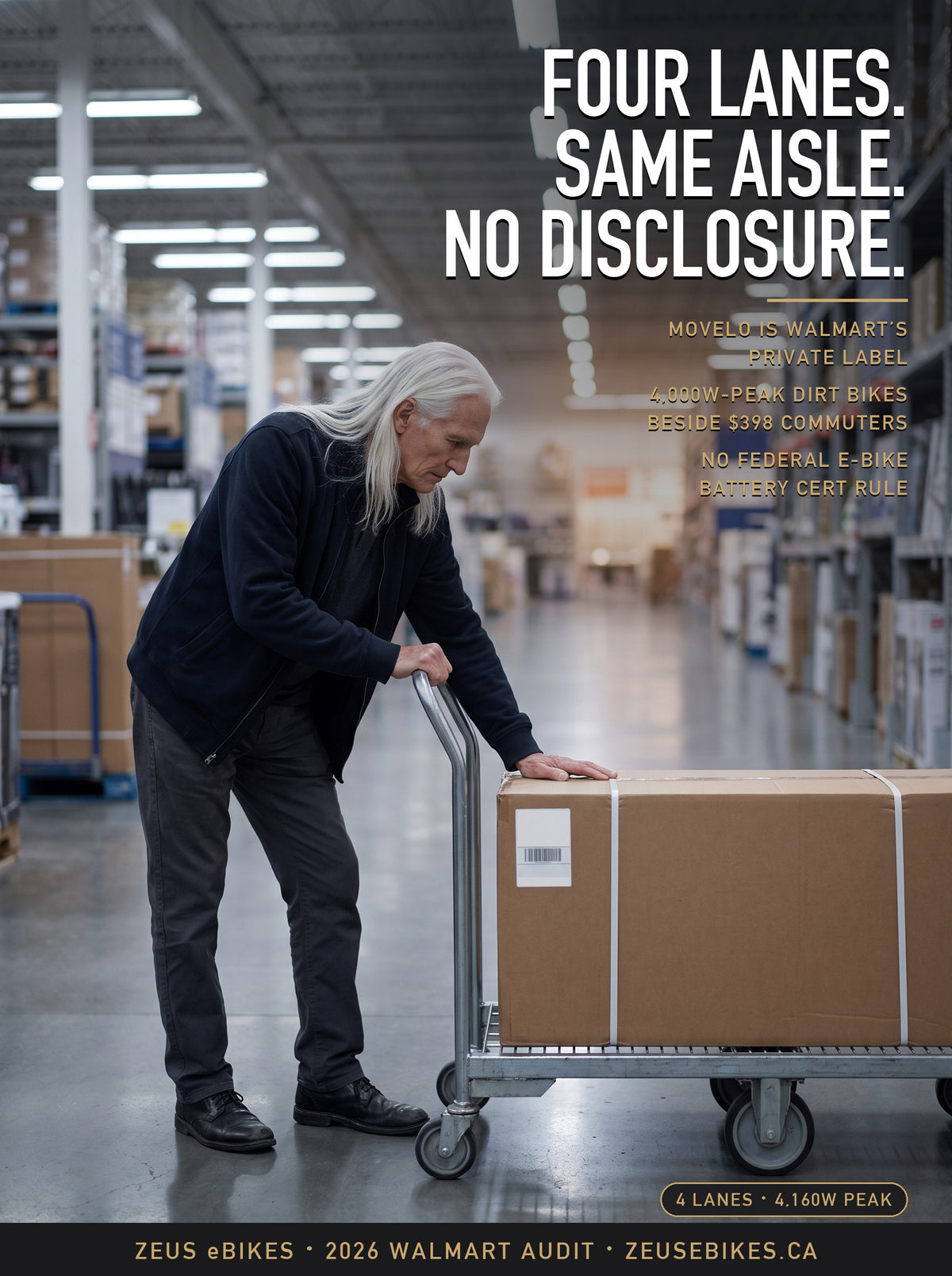 Illustration: Zeus in a dark navy jacket beside a steel flat cart carrying a large plain cardboard box in a big-box store aisle, looking down at its shipping label; the headline reads Four lanes. Same aisle. No disclosure.