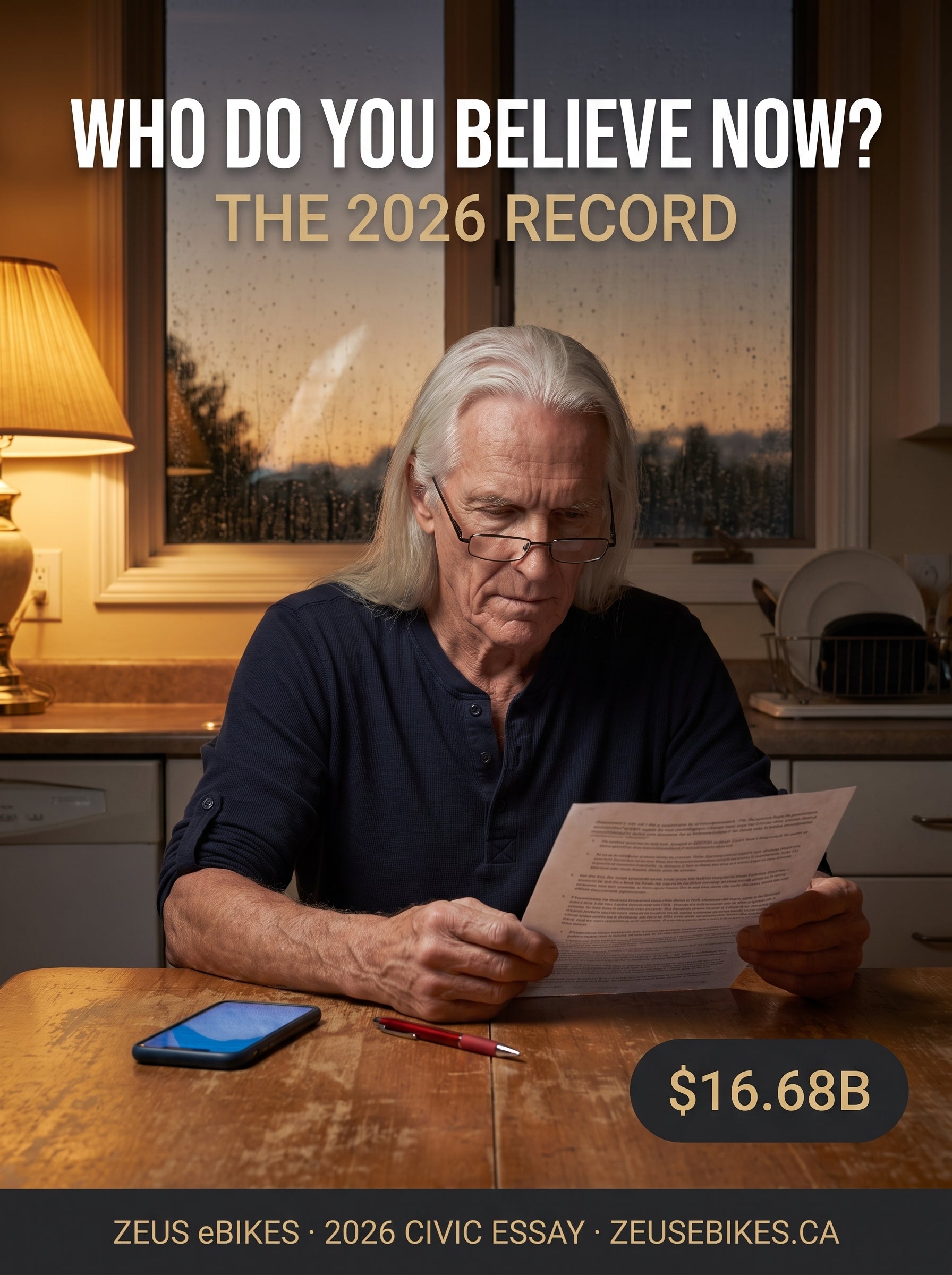 A kitchen table at dusk: a man reads a printed document under the headline Who Do You Believe Now, phone and red pen beside him