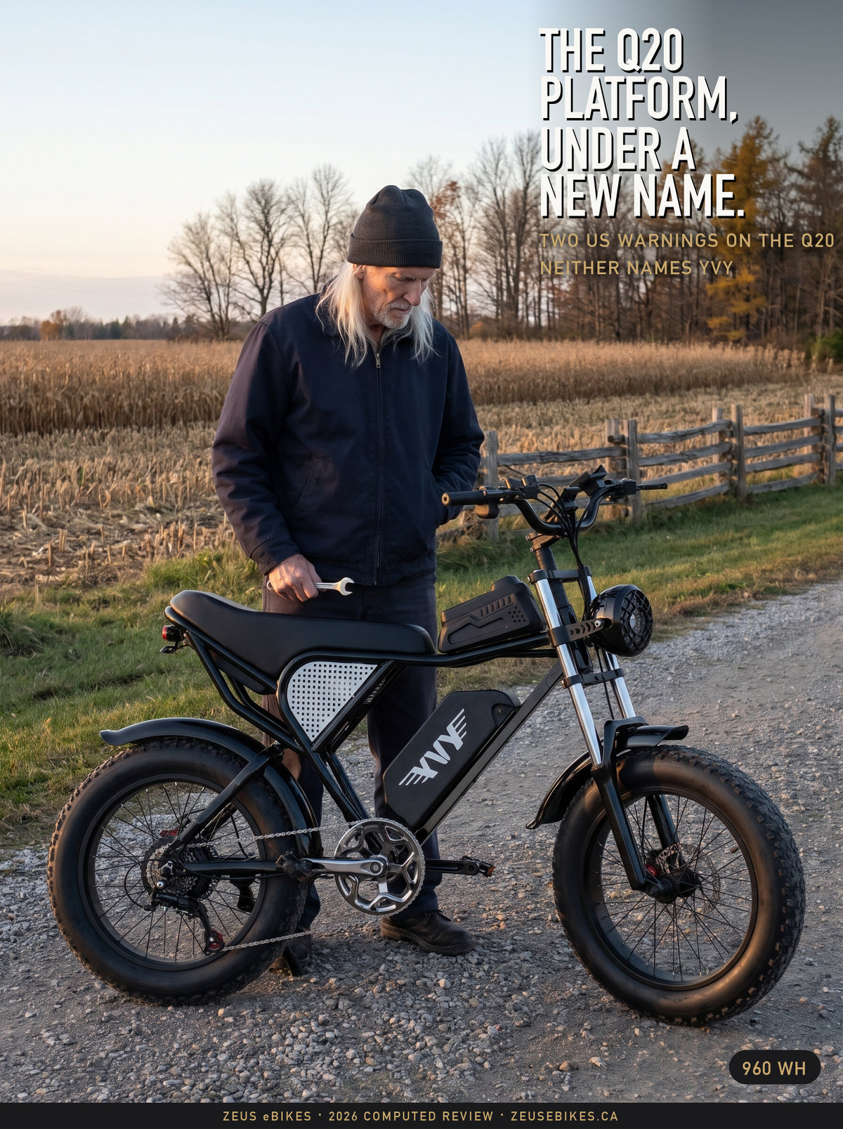 Zeus behind a black YVY C20 on a private farm lane in Ontario in late-afternoon sun, a Playcut rendering, under the headline The Q20 platform, under a new name