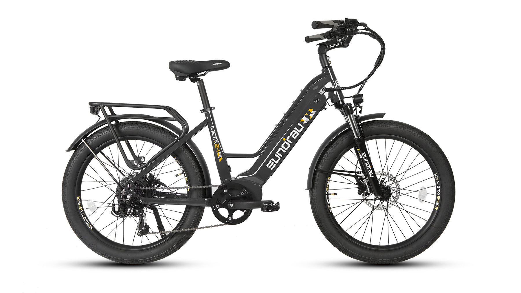 Eunorau Meta 24 step-through commuter electric bike in Dark Charcoal — 500W rear hub motor, torque sensor, 48V 720Wh Samsung battery, 24x3.0 Innova tyres, hydraulic disc brakes — Zeus eBikes Canada