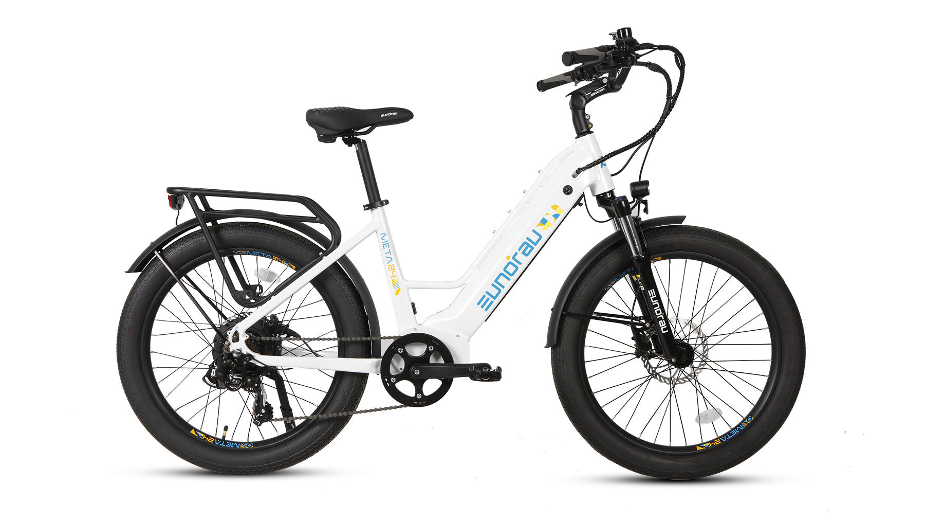Eunorau Meta 24 step-through commuter electric bike in Alpine White — 500W rear hub motor, torque sensor, 48V 720Wh Samsung battery, 24x3.0 Innova tyres, hydraulic disc brakes — Zeus eBikes Canada