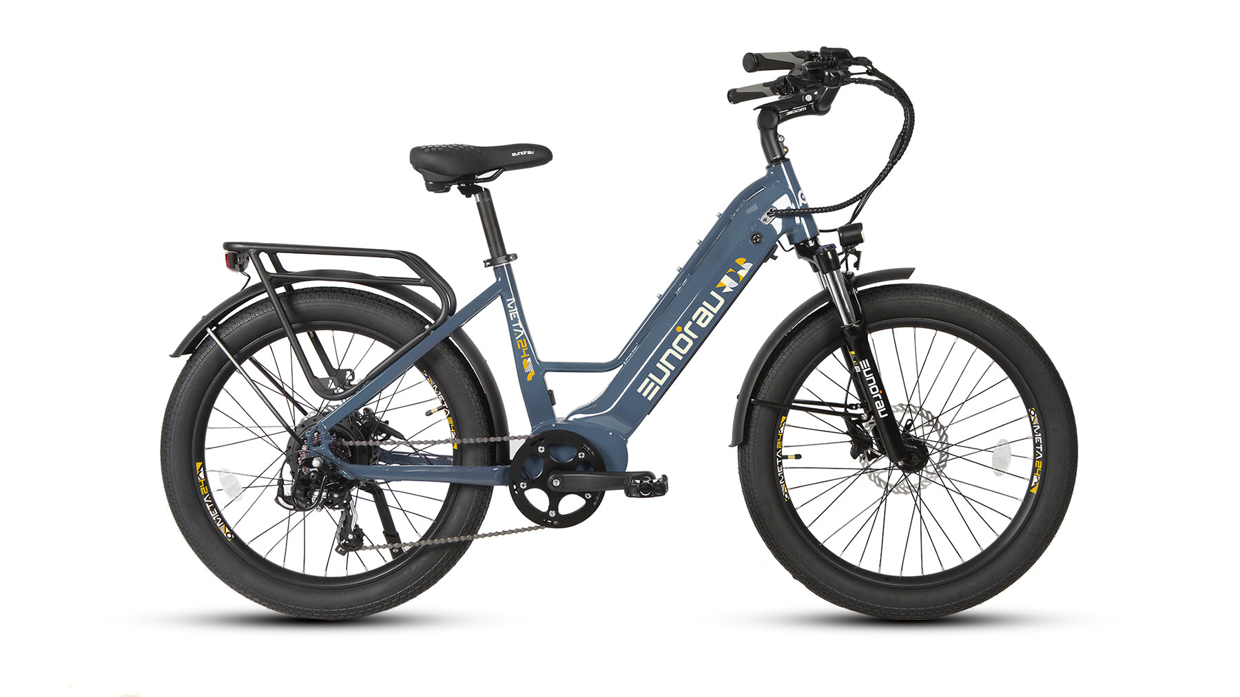 Eunorau Meta 24 step-through commuter electric bike in Steel Blue — 500W rear hub motor, torque sensor, 48V 720Wh Samsung battery, 24x3.0 Innova tyres, hydraulic disc brakes — Zeus eBikes Canada