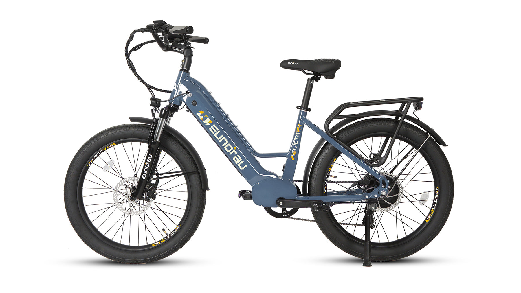 Eunorau Meta 24 step-through commuter electric bike — 500W rear hub motor, torque sensor, 48V 720Wh Samsung battery, 24x3.0 Innova tyres, hydraulic disc brakes — Zeus eBikes Canada