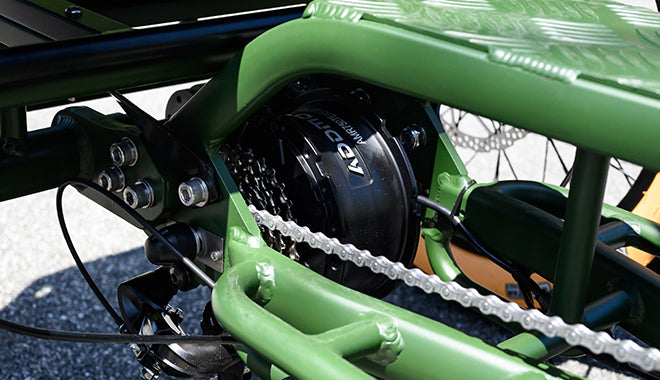 Close-up of the Greattan L rear-mounted hub motor and chain on an Army Green frame (image: Addmotor)
