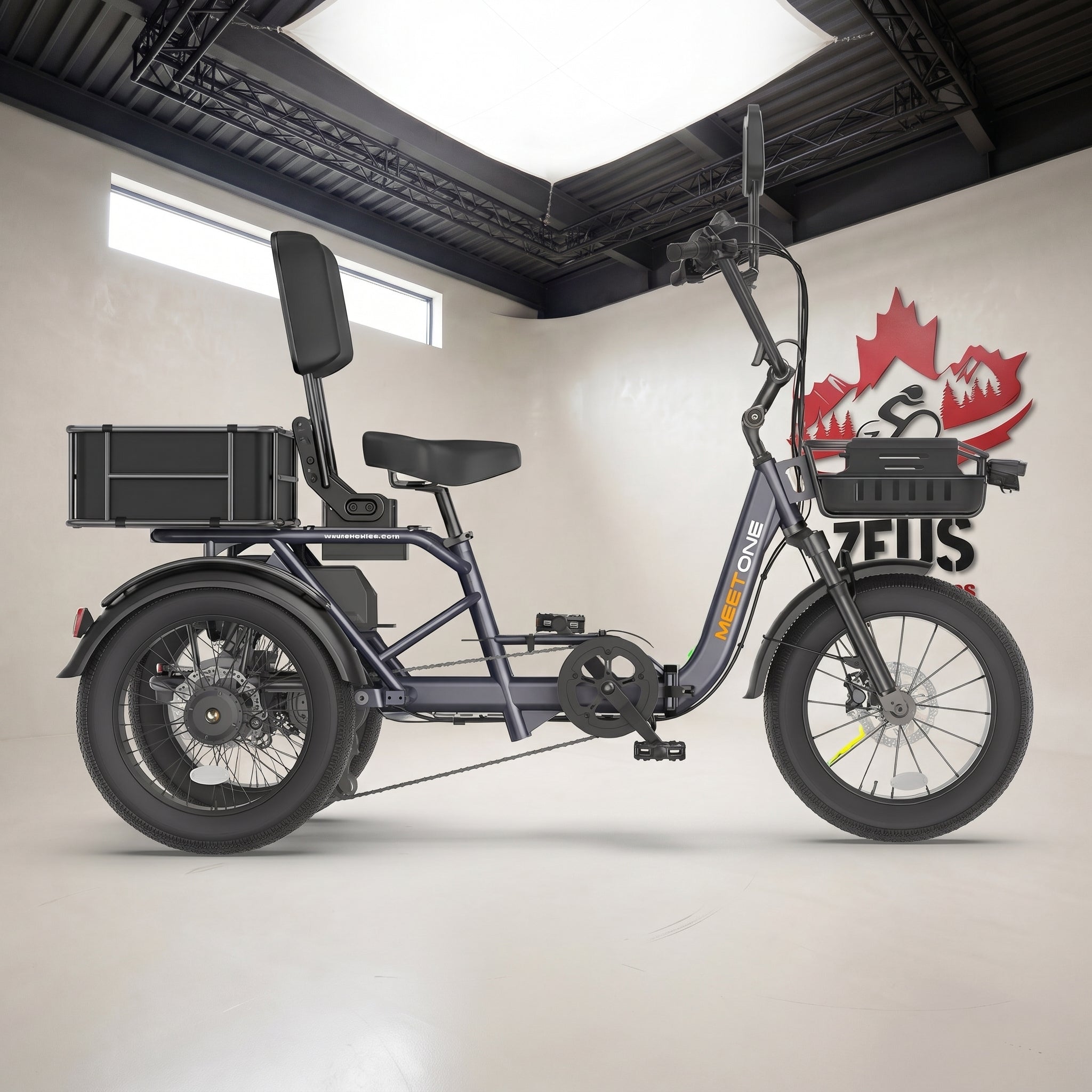 Meet One Breeze Pro 2.0 full-suspension electric trike in charcoal - side profile with fat tires and front and rear baskets - Zeus eBikes Canada