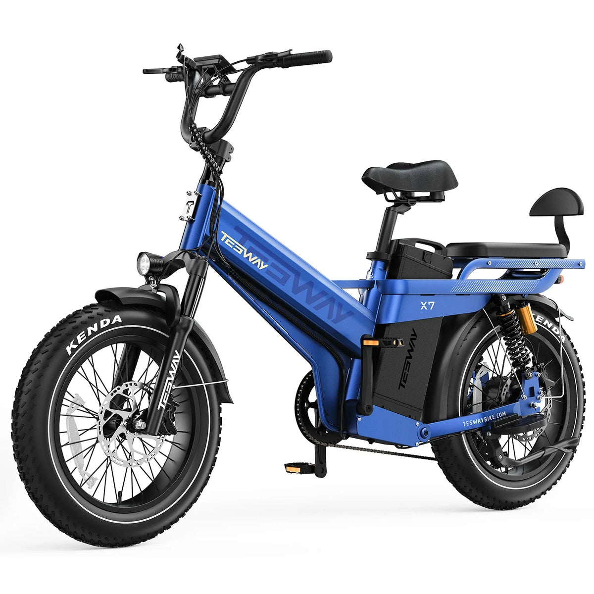 Tesway X7 Pro New in Blue, front three-quarter view with the rear seat and backrest — Zeus eBikes Canada