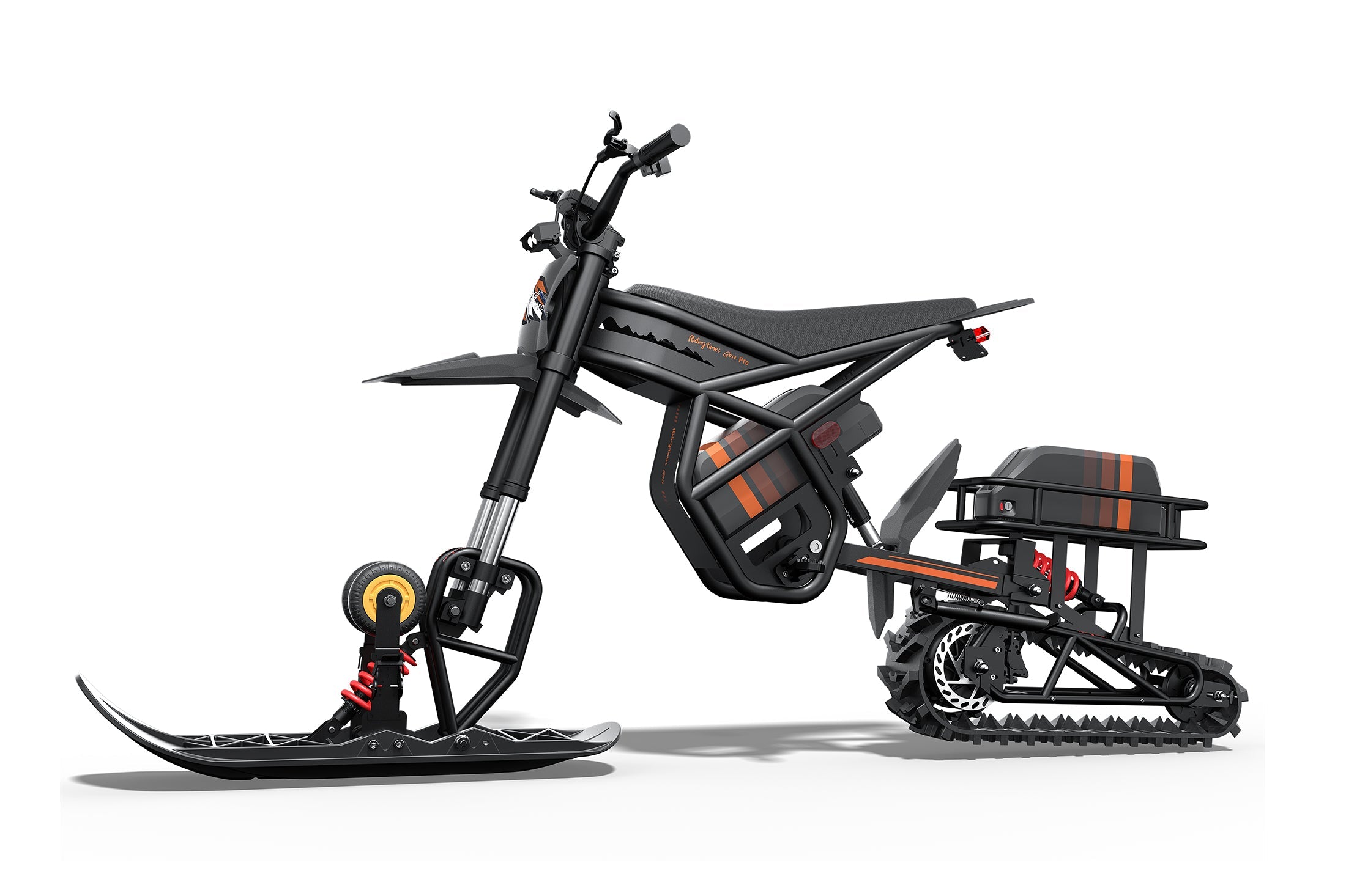 Riding Times electric motorbike fully converted with the snow track kit, studio view — Zeus eBikes Canada