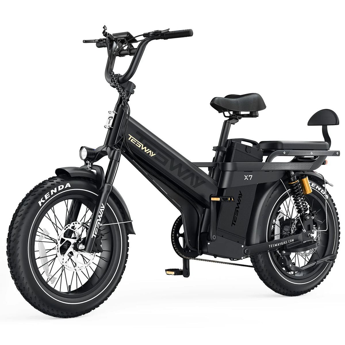 Tesway X7 Pro New in Black, front three-quarter view: 20x4.0 Kenda fat tires, suspension fork, rear spring shocks and the rear seat with backrest — Zeus eBikes Canada