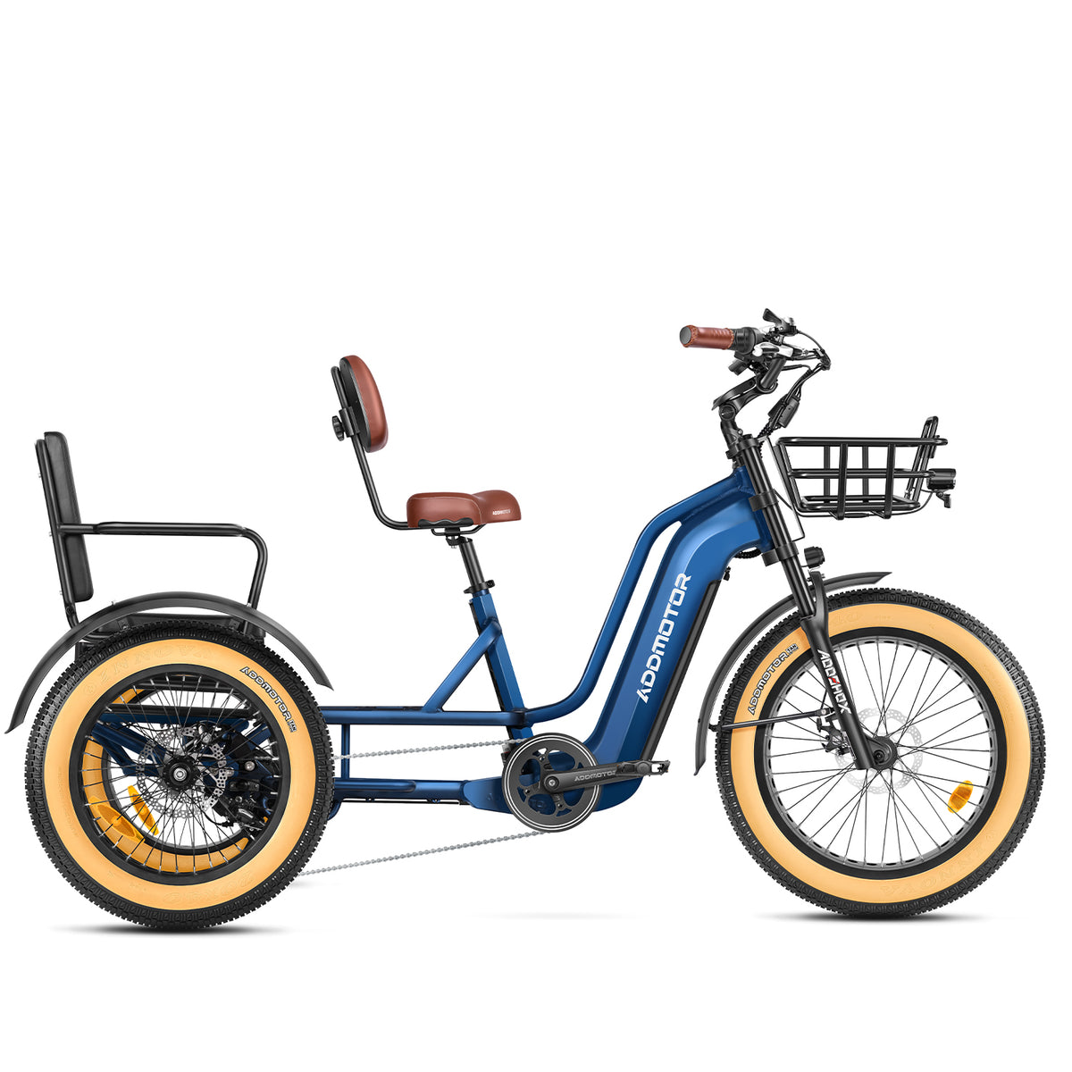 Addmotor Greattan L passenger electric trike in Neptune Blue, side view with front basket and rear passenger seat with backrest (image: Addmotor)