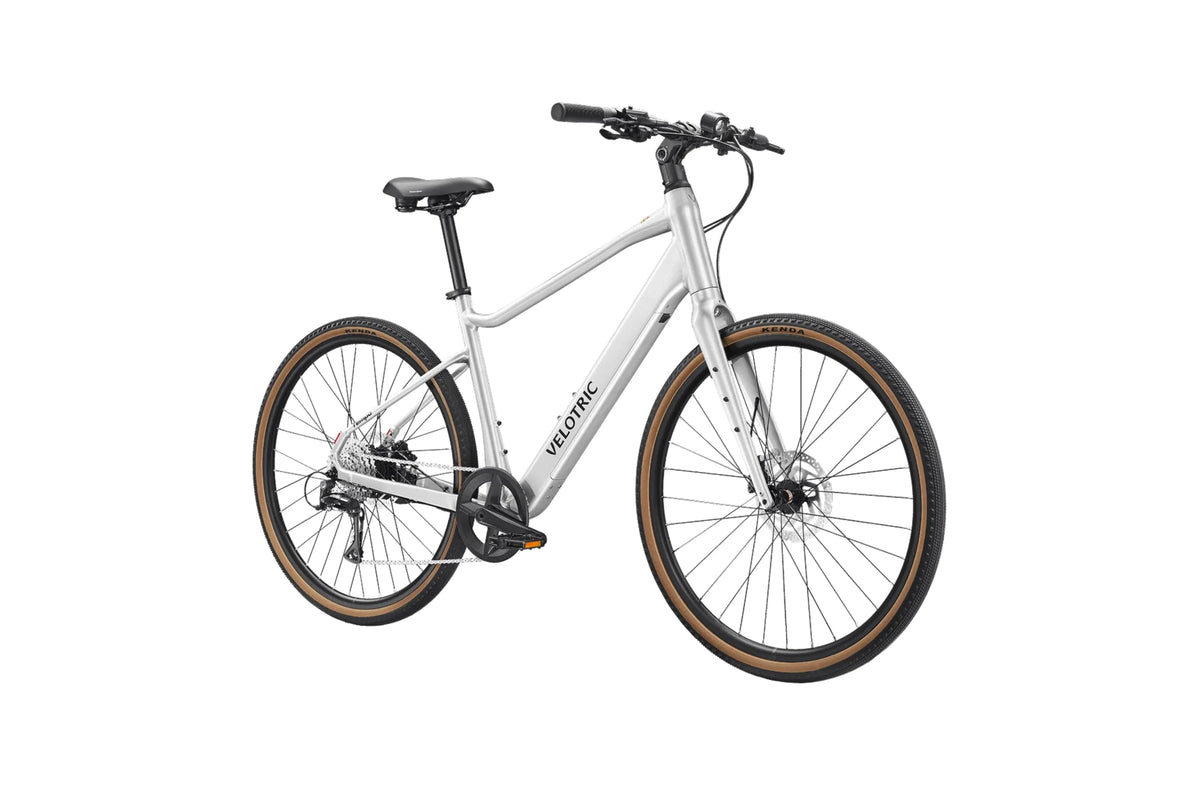 Velotric Tempo High-Step in Lightning Silver, three-quarter view (second angle) — Zeus eBikes Canada