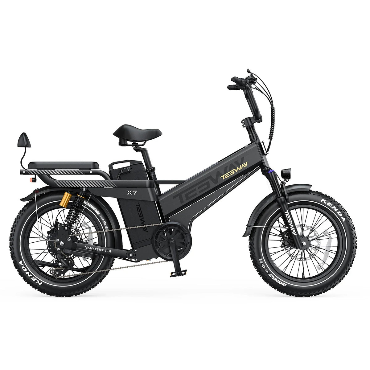Tesway X7 Pro New in Black, side view: non-folding step-over frame, rear platform and backed seat — Zeus eBikes Canada