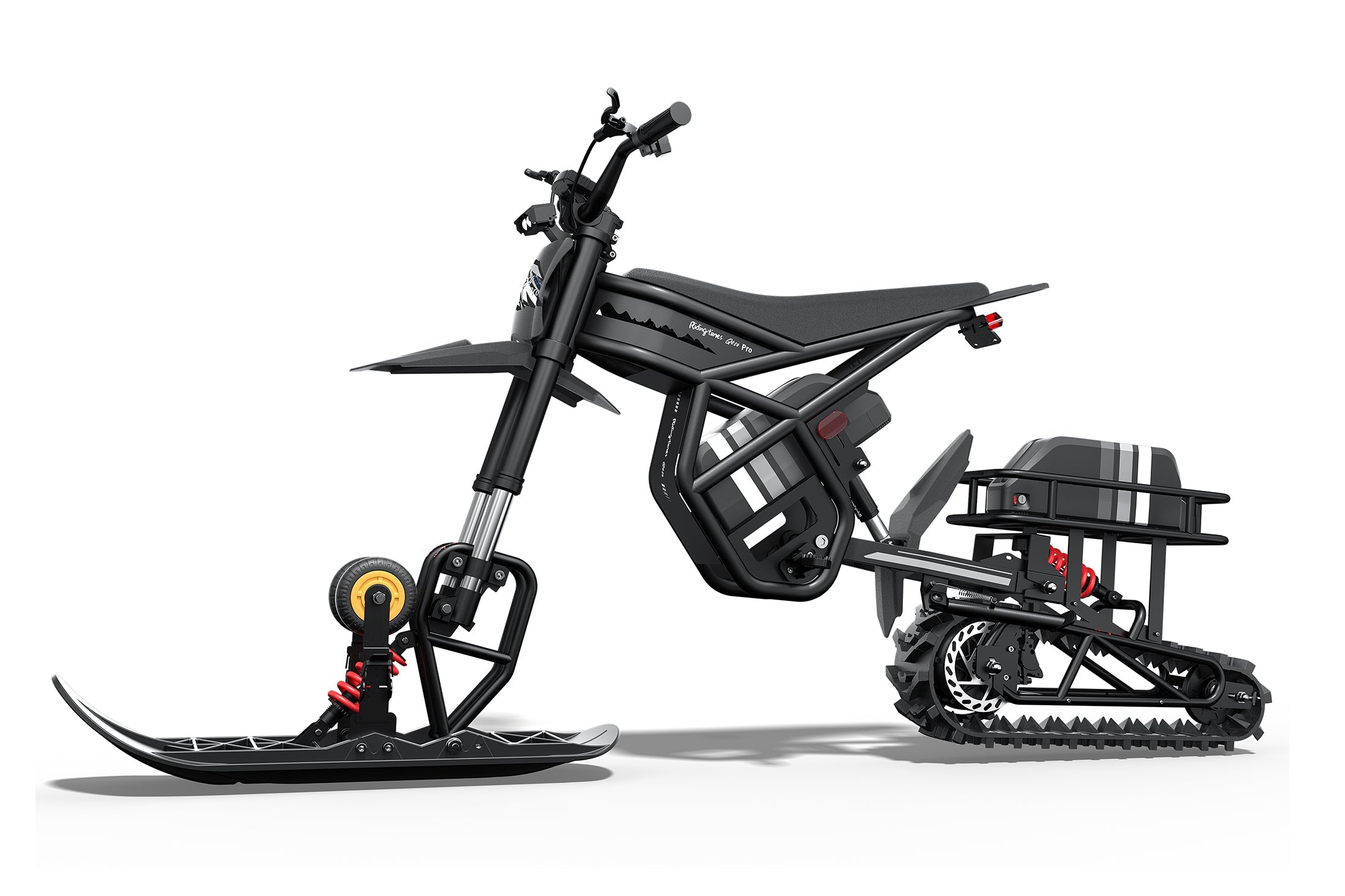 Riding Times snow track conversion showing the rubber track footprint, rear view — Zeus eBikes Canada