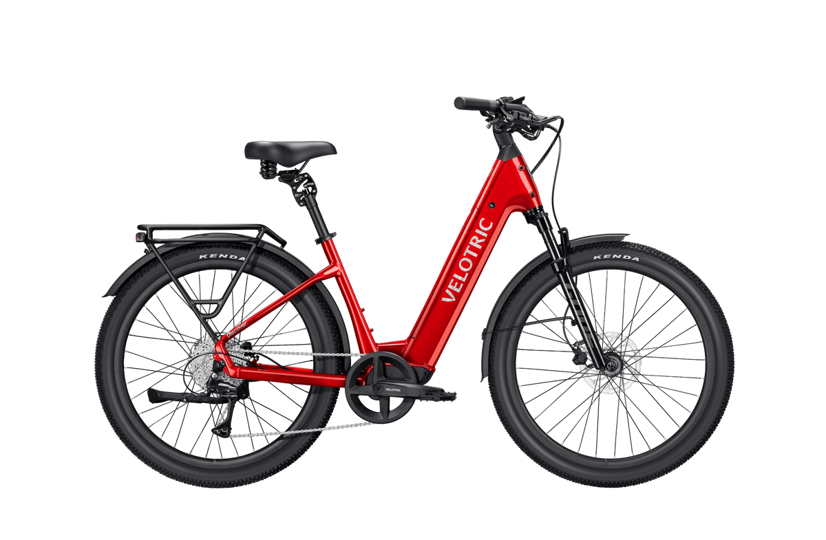 Velotric Discover 3 in Cherry Crimson, side view — Zeus eBikes Canada