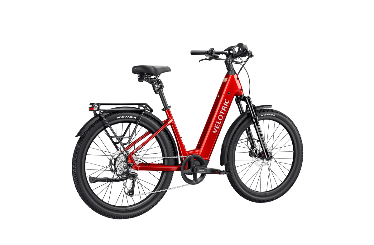 Velotric Discover 3 in Cherry Crimson, rear three-quarter view — Zeus eBikes Canada