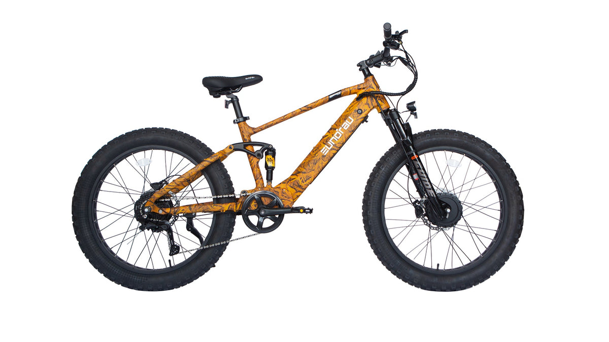 Eunorau Defender-S 2.0 / Hunter X6 in Dry Grass Camo, drive side: front and rear hub motors, four-bar rear suspension, Shimano CUES 9-speed and 26x4.0 fat tires — Zeus eBikes Canada