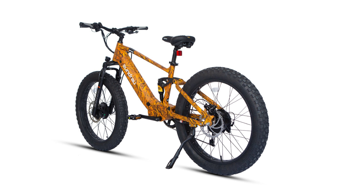 Eunorau Defender-S 2.0 in Dry Grass Camo, rear three-quarter view: rear hub motor, kickstand and red rear reflector — Zeus eBikes Canada