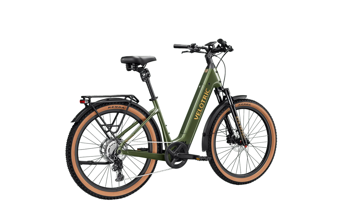 Velotric Discover M in Olivine Green, rear three-quarter view — Zeus eBikes Canada