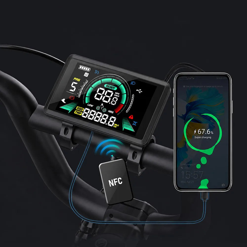 Tesway X7 Pro New colour display with NFC card unlock and a USB port charging a phone — Zeus eBikes Canada