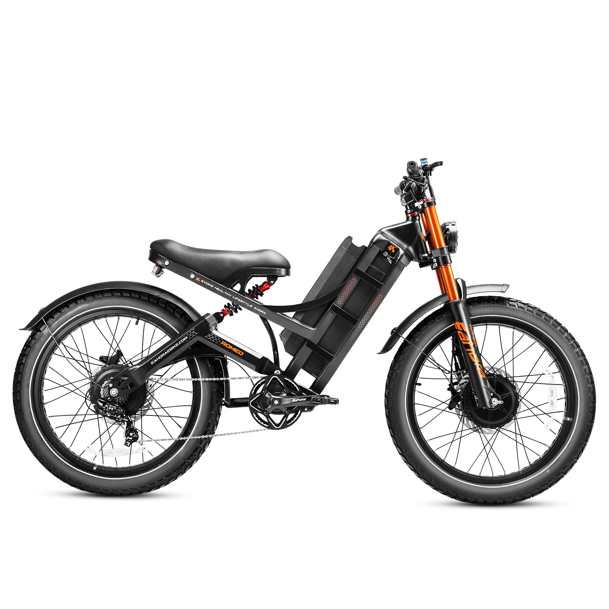 Eahora Romeo Pro III dual-motor AWD electric bike in Black — 26x4.0 fat tires, 60V 80Ah 4,800Wh battery, full air suspension — Zeus eBikes Canada