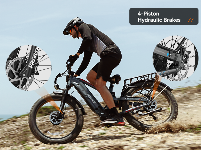 180mm four-piston hydraulic disc brake on the Freesky Eurostar Turbo M-410 electric bike — Zeus eBikes Canada