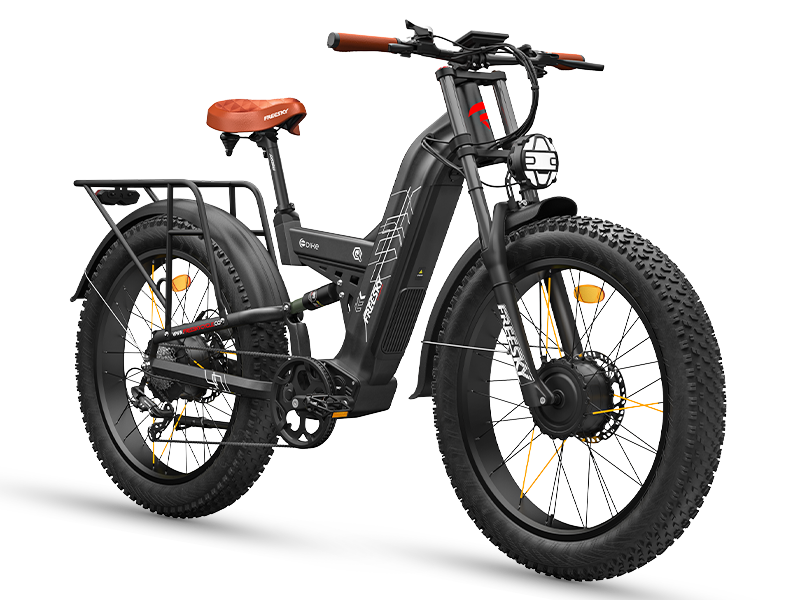 Freesky Warrior Ultra M-530 60V dual-motor fat-tire electric bike in black, front three-quarter view showing the front hub motor, caged headlight and rear rack — Zeus eBikes Canada