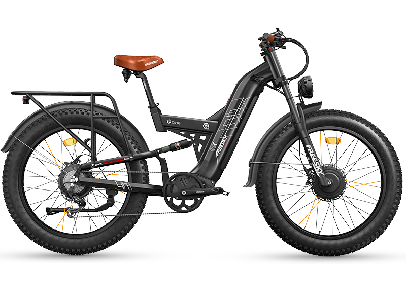 Freesky Warrior Ultra M-530 in black, full side profile showing both hub motors, the air rear shock, mudguards and 26-inch fat tires — Zeus eBikes Canada