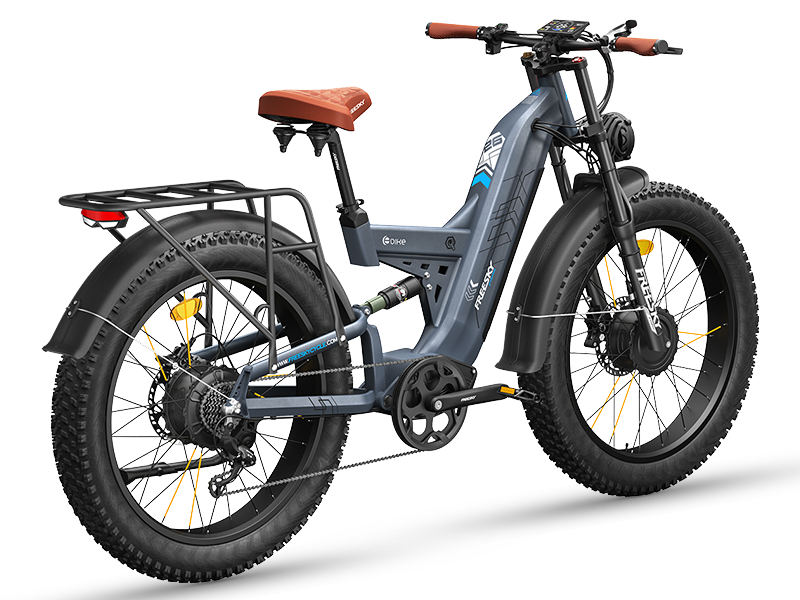 Freesky Warrior Ultra M-530 in blue-gray, rear three-quarter view showing the rear hub motor and drivetrain — Zeus eBikes Canada