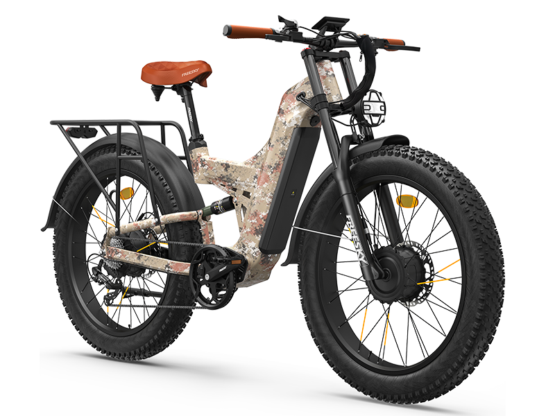 Freesky Warrior Ultra M-530 in camouflage, front three-quarter view showing the front hub motor and caged headlight — Zeus eBikes Canada