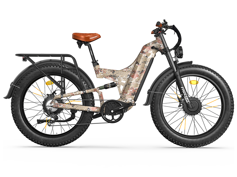 Freesky Warrior Ultra M-530 in camouflage, full side profile showing the frame, rear rack and fat tires — Zeus eBikes Canada