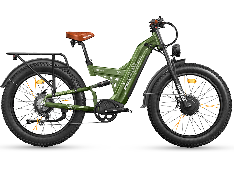 Freesky Warrior Ultra M-530 in green, full side profile showing the frame, rear rack and 26-inch fat tires — Zeus eBikes Canada