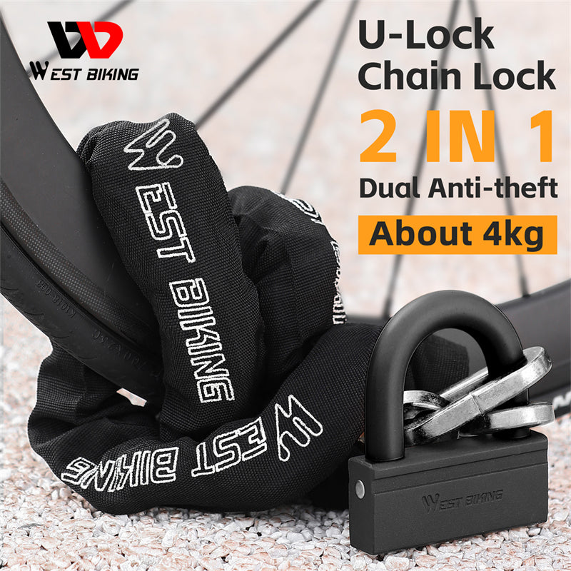 WEST BIKING Bicycle Lock 2 in 1 Heavy Anti-theft Chain U-Lock MTB Road Bike E-bike Motorcycle 2 Keys Dual Security Chain Lock
