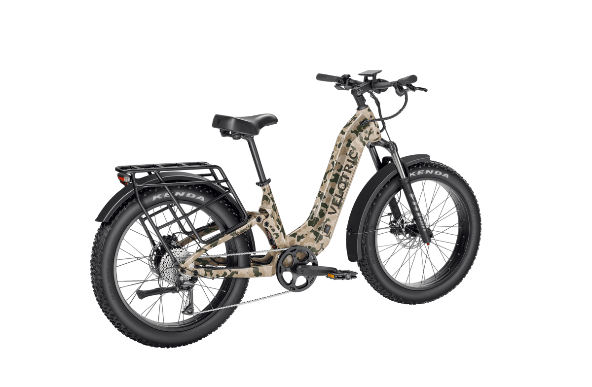 Velotric Nomad 2X Step-Thru in Multi-Terrain Camo, rear three-quarter view β Zeus eBikes Canada