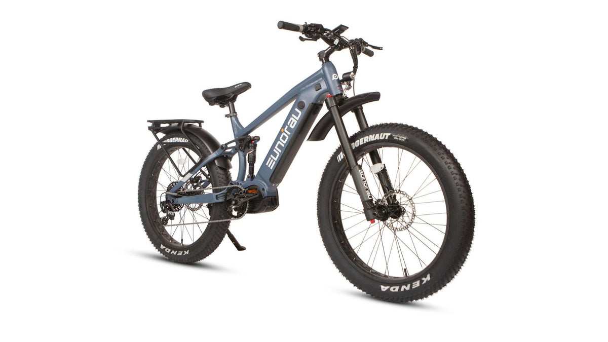 Eunorau Specter-S 4.0 in Moon Black, front three-quarter view: 140 mm suspension fork, front fender and headlight — Zeus eBikes Canada