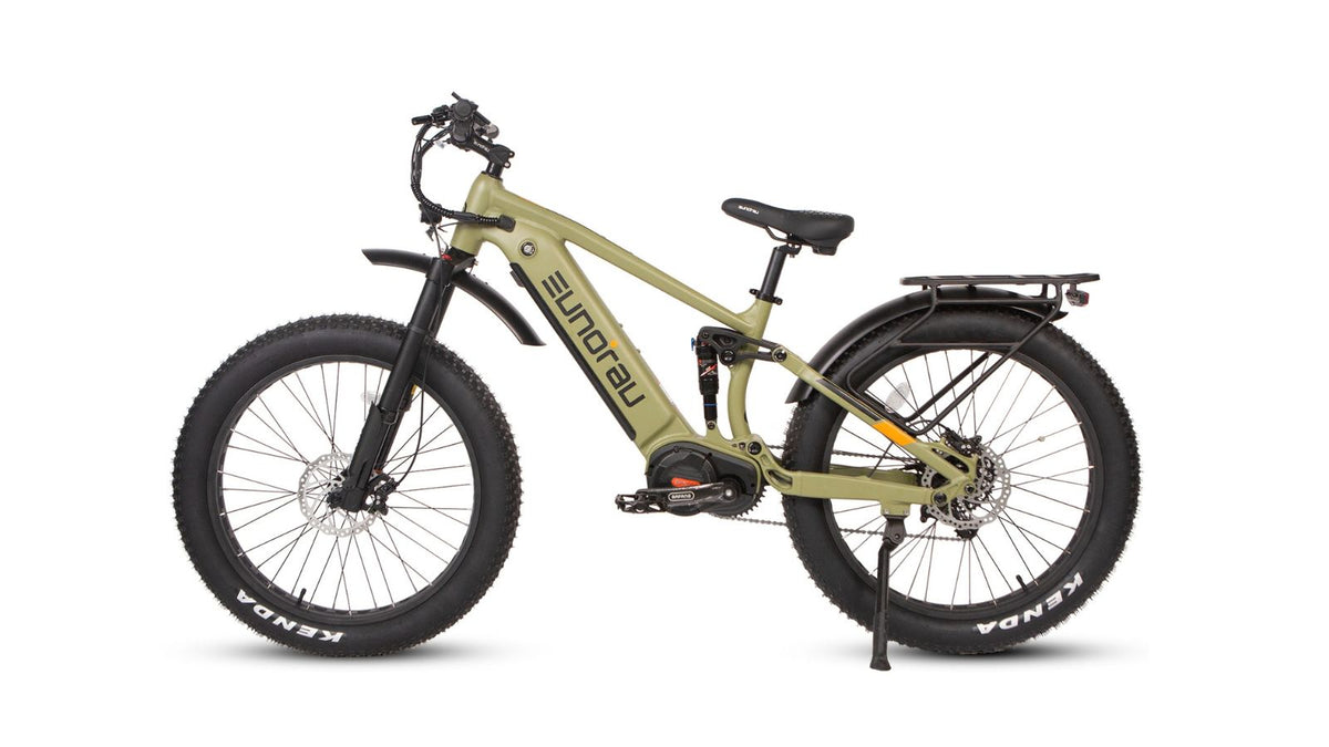 Eunorau Specter-S 4.0 in Army Green, non-drive side with kickstand down, showing the rear shock and Bafang motor — Zeus eBikes Canada