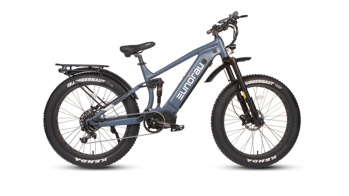 Eunorau Specter-S 4.0 / Hunter X9 in Moon Black (slate blue-grey), drive side: Bafang mid-drive, SRAM NX 11-speed, rear rack, fenders and Kenda 26x4.0 tires — Zeus eBikes Canada