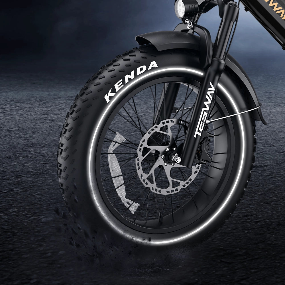 Kenda 20x4.0 fat tire with reflective sidewall strip, front fender, headlight and 203 mm disc rotor on the Tesway X7 Pro New — Zeus eBikes Canada