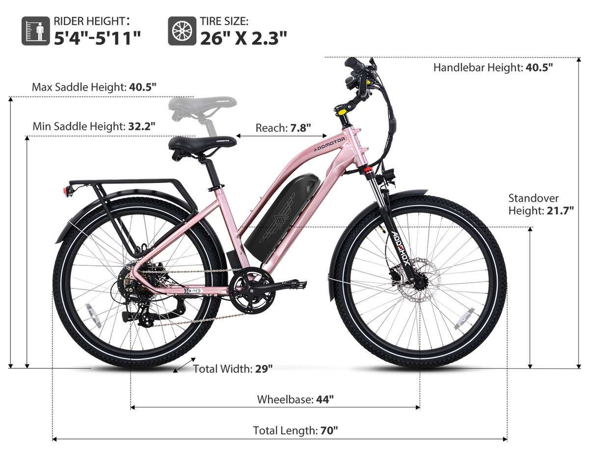Addmotor CityPro E-43 dimensions chart: rider height 5 ft 4 in to 5 ft 11 in, 26 x 2.3 in tires, standover 21.7 in, saddle height 32.2 to 40.5 in, handlebar height 40.5 in, reach 7.8 in, wheelbase 44 in, length 70 in, width 29 in — Zeus eBikes Canada