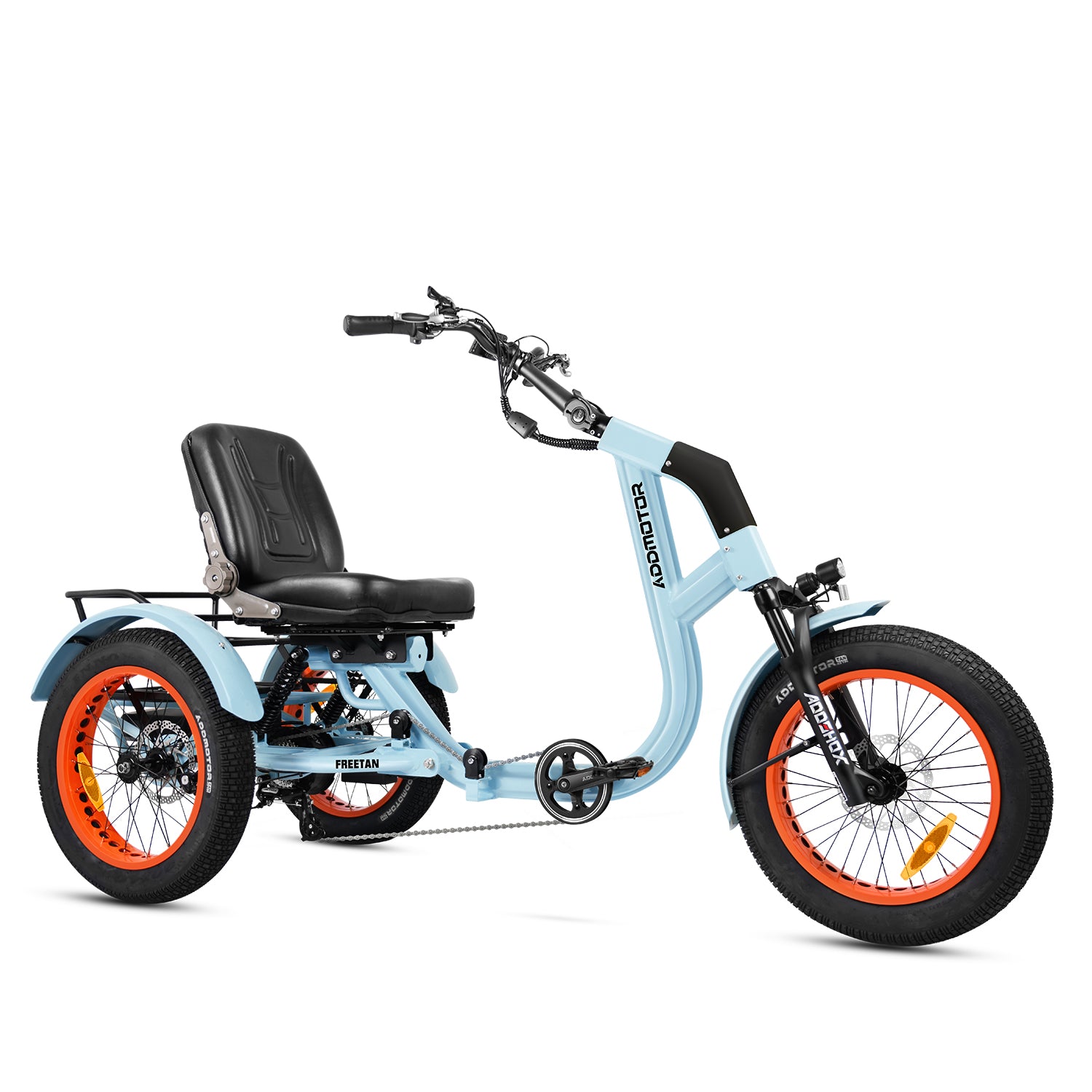Addmotor Freetan M-368X full-suspension semi-recumbent electric trike in Gulf Blue with orange rims — Zeus eBikes Canada