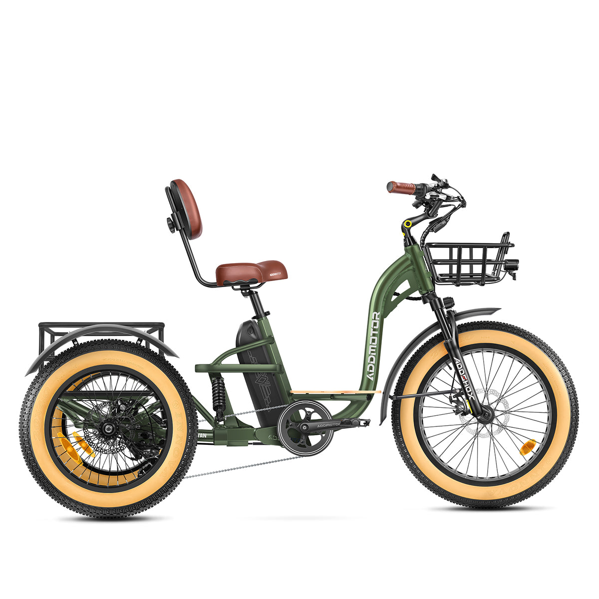 Addmotor Grandtan X in Army Green, side view on white, with a front basket and rear basket frame (Addmotor photo) — Zeus eBikes Canada
