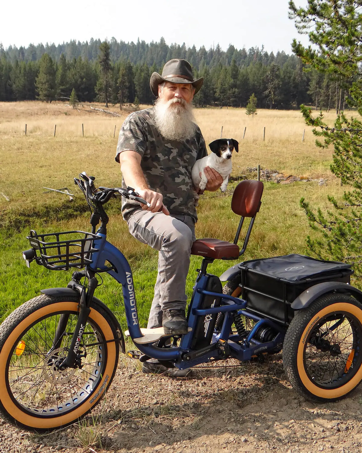Rider seated on an Addmotor Grandtan X in Neptune Blue holding a small dog, at the edge of a meadow with pines behind (Addmotor photo) — Zeus eBikes Canada