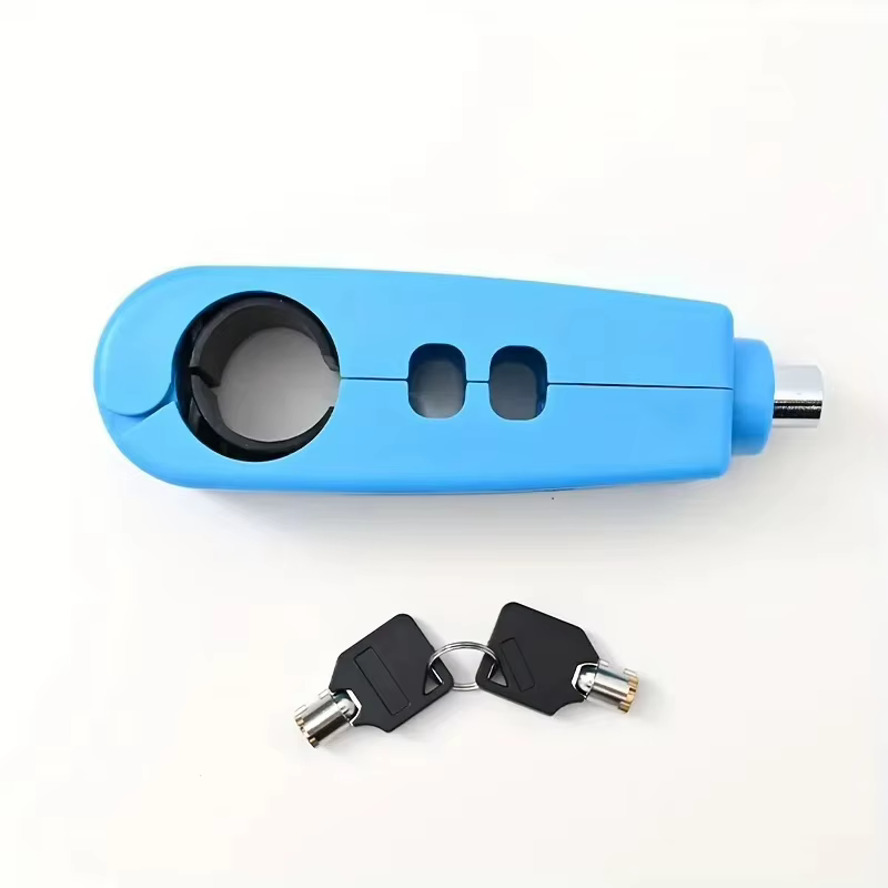 Blue grip lock from the side, showing the round opening for the grip, with two keys — Zeus eBikes Canada