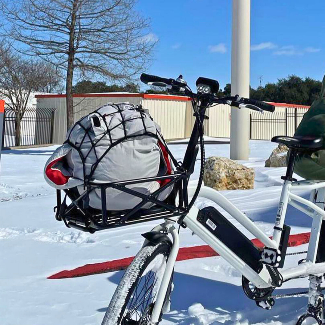 Eunorau cargo basket mounted on the front of a CARGO series e-bike — Zeus eBikes Canada
