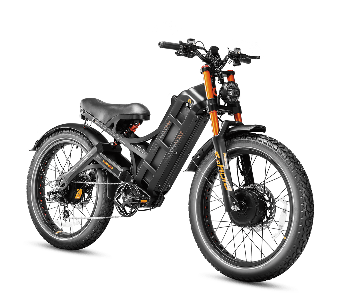 Eahora Romeo Pro II 2026 in Black, front three-quarter view showing the front hub motor and orange fork legs — Eahora’s own photo