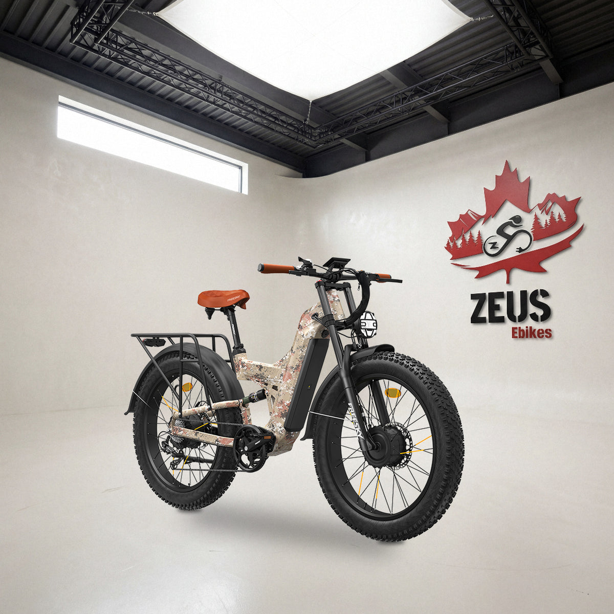 Freesky Warrior Ultra M-530 in Camouflage, front three-quarter view: Freesky's own product photo of the bike, set in the Zeus eBikes studio