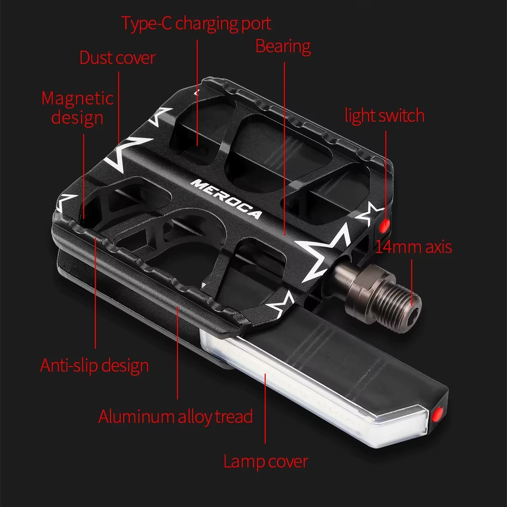 Labelled diagram of a MEROCA pedal: USB-C charging port, dust cover, magnetic design, light switch, 14 mm axis, anti-slip design, aluminum alloy tread and lamp cover — Zeus eBikes Canada